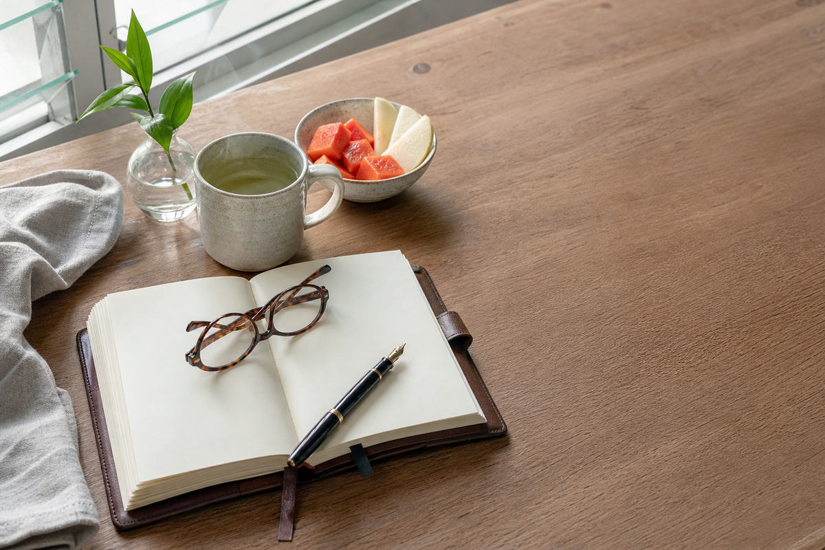 Editorial still-life of an open leather journal, tortoiseshell reading glasses, green tea mug and a bowl of papaya on a warm wood desk — for a Malaysian guide to losing weight after 40.