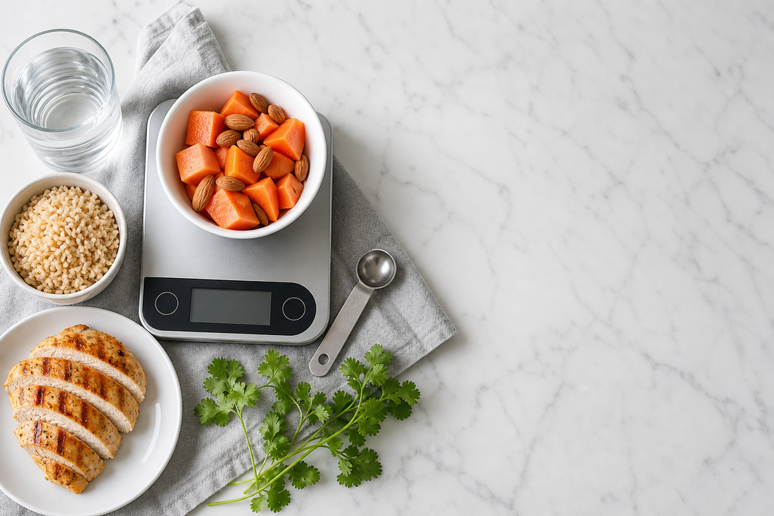 Editorial flat-lay of a digital kitchen food scale with papaya and almonds, portioned brown rice, grilled chicken, measuring spoon and water on white marble — a Malaysian guide to calories for weight loss.