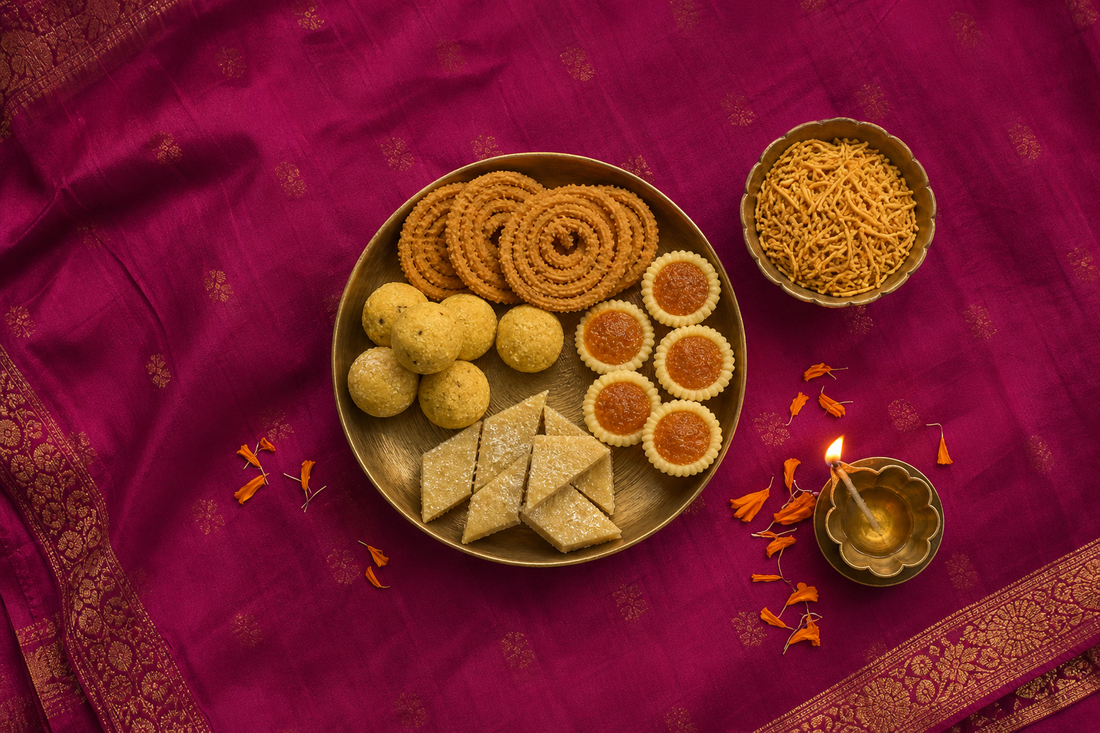 Deepavali snacks on a magenta cloth: murukku, laddu, pineapple tarts and omapodi beside a lit brass diya