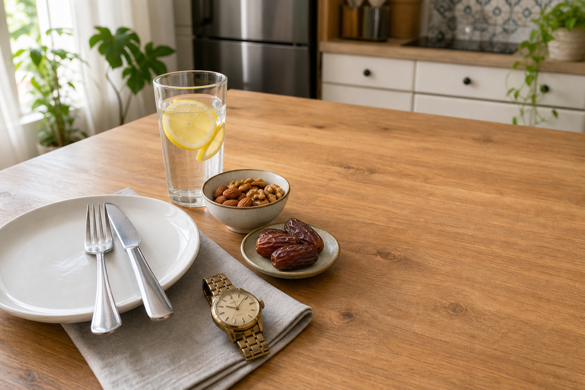 Editorial still-life on warm wood table with an empty plate, lemon water, nuts, dates and an analog wristwatch — for a Malaysian intermittent fasting weight loss guide.