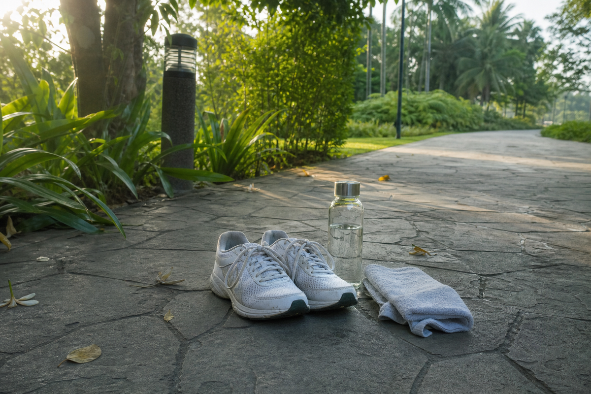 Early-morning taman jogging path in Malaysia with white running shoes, water bottle and a folded towel on stone pavement — a lifestyle illustration for a visceral fat guide.